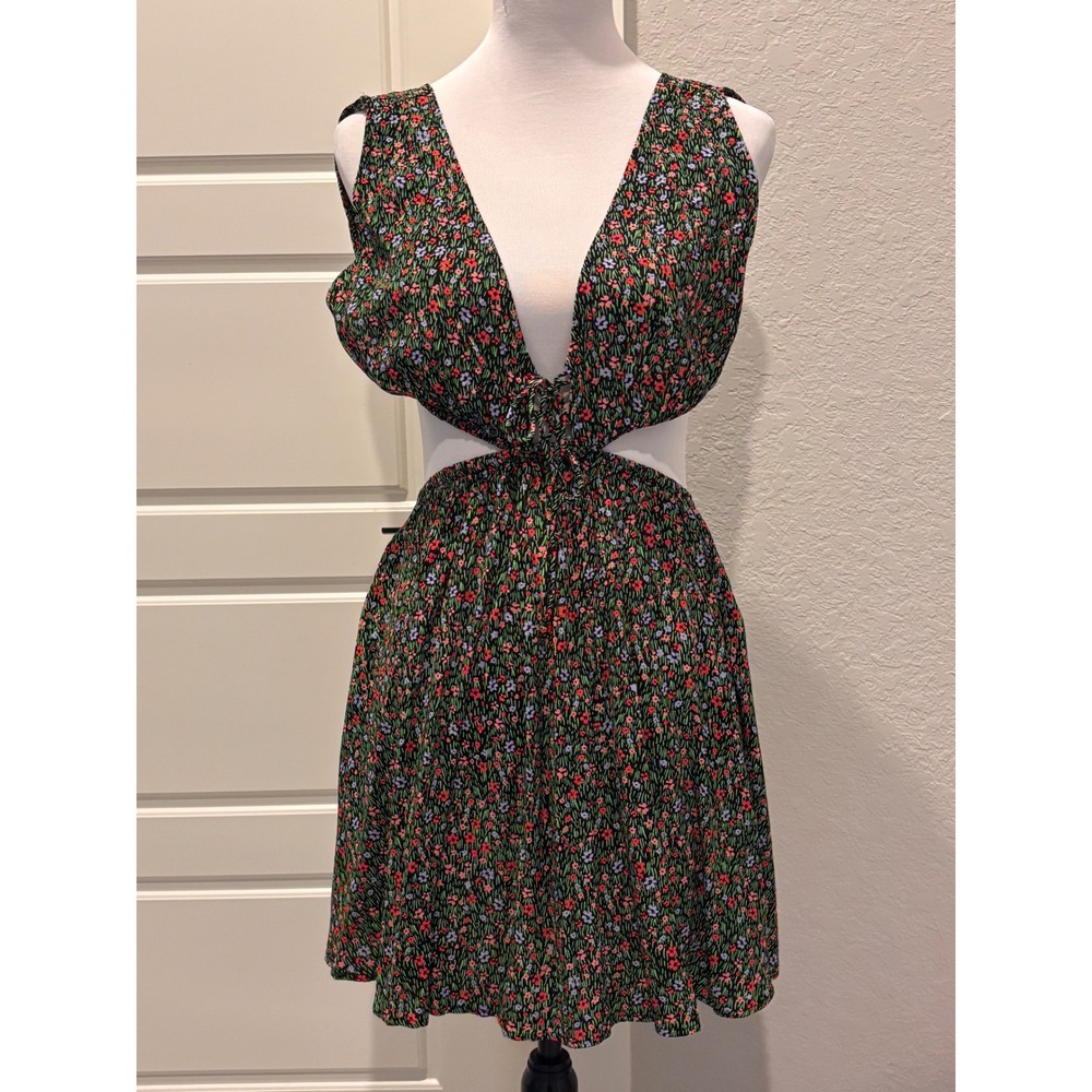 Olivaceous Mini Vacation Dress Small Black Floral Cutout Open Back V-Neck Boho